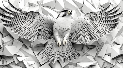 A falcon in mid-flight with outstretched wings, surrounded by sharp, angular geometric lines. The falcon’s feathers are detailed, contrasting with the sleek, abstract shapes in the background, photo