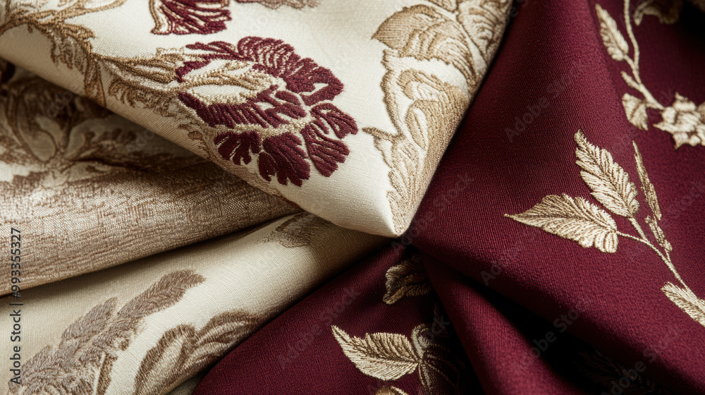 Rich and elegant burgundy and cream fabrics with intricate floral patterns, perfect for luxurious home decor or upholstery projects Rich and elegant burgundy and cream fabrics with intricate floral patterns, perfect for luxurious home decor or upholstery projects
