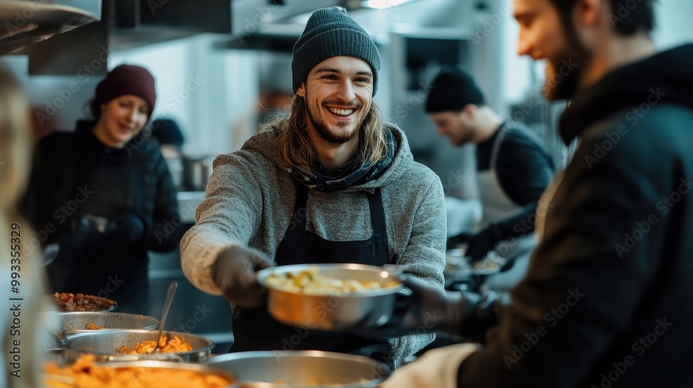 A cheerful volunteer serving food in a community kitchen, showcasing the spirit of generosity and helping others. A cheerful volunteer serving food in a community kitchen, showcasing the spirit of generosity and helping others.