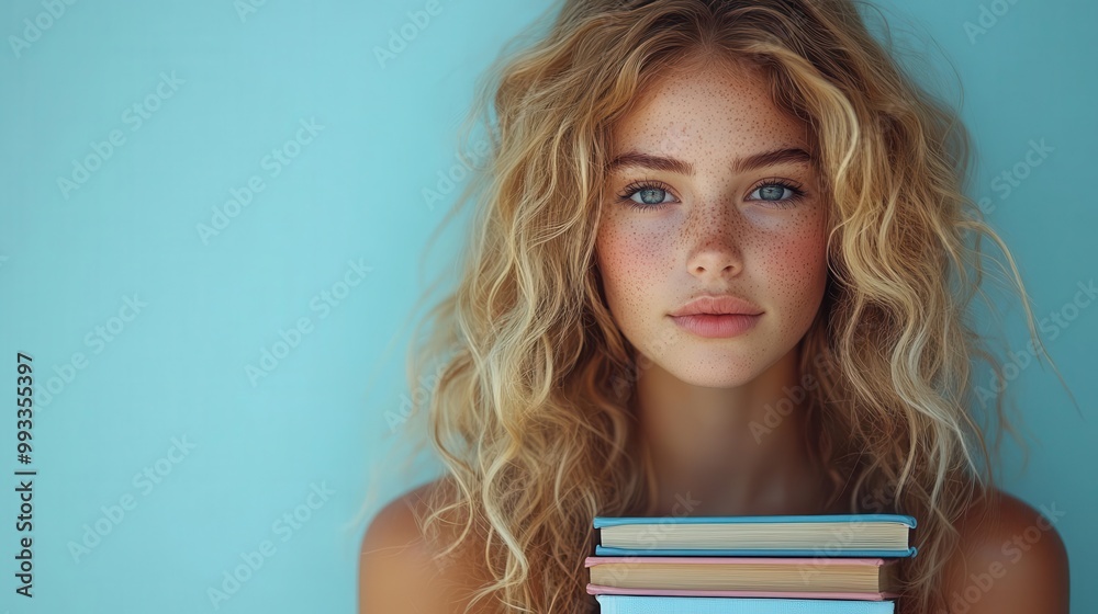 radiant young woman with vibrant curly blonde hair and charming freckles against a soft blue backdrop holding a stack of colorful books exuding enthusiasm for education radiant young woman with vibrant curly blonde hair and charming freckles against a soft blue backdrop holding a stack of colorful books exuding enthusiasm for education
