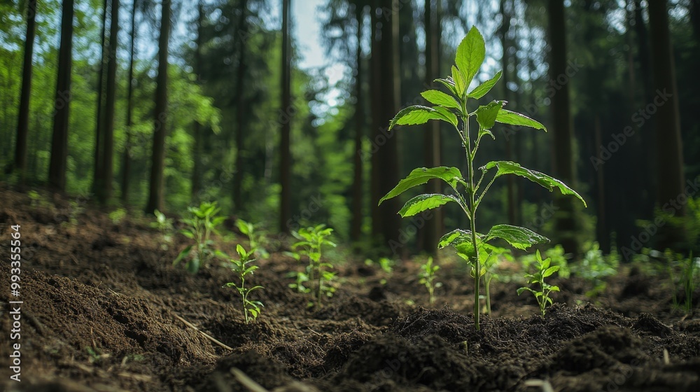 A young plant grows in rich soil, surrounded by lush greenery and trees, symbolizing nature's resilience and the importance of reforestation.