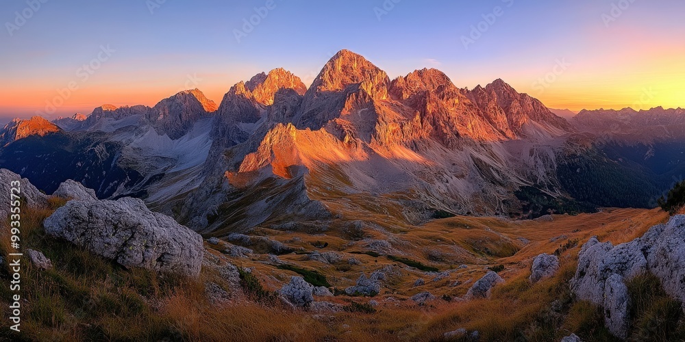 Obraz premium Panoramic view of mountain range during autumn sunrise