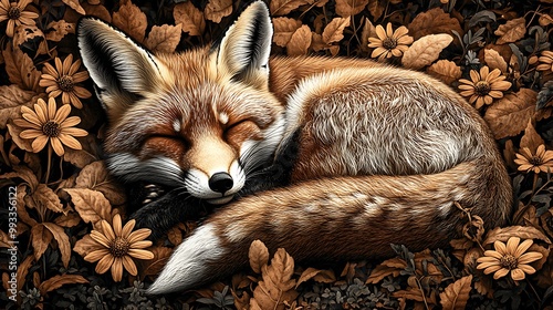 A fox curled up amidst a bed of vibrant autumn leaves and fading wildflowers, its reddish fur blending perfectly with the warm autumn tones. photo