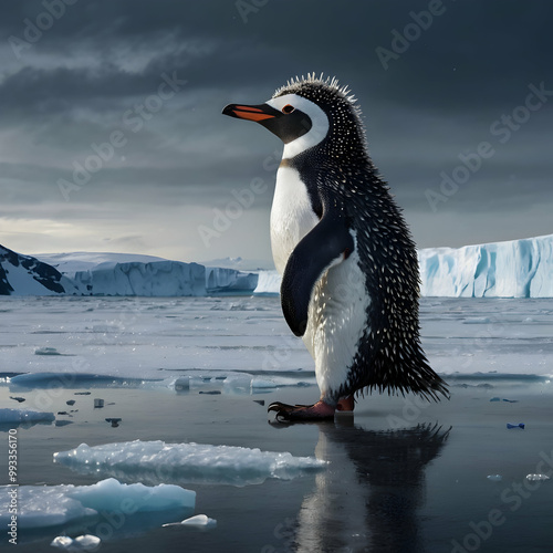 An epic and creative photo capturing a punk-style penguin waddling through a wintry expanse. The penguin sports a vivid mohawk, a studded leather jacket, and an intense gaze photo