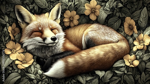 A fox curled up in a cozy bed of bright, spring flowers and deep green foliage, with sunlight gently highlighting its soft fur and the petals. The atmosphere feels calm and inviting, photo