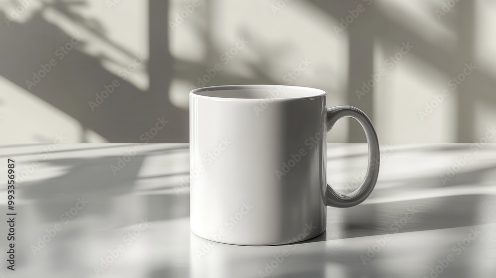 Obraz premium A minimalist white mug casting soft shadows on a table, perfect for coffee or tea lovers looking for a clean aesthetic.
