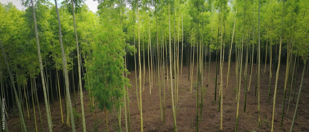 A serene aerial view of a lush bamboo forest, showcasing tall green stalks and a tranquil, earthy atmosphere. A serene aerial view of a lush bamboo forest, showcasing tall green stalks and a tranquil, earthy atmosphere.