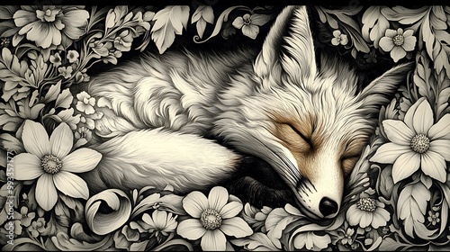 A fox peacefully sleeping in a nest of delicate flowers and swirling leaves, its soft fur blending with the gentle pastel tones of the petals. The scene is lit by the soft glow of twilight, photo