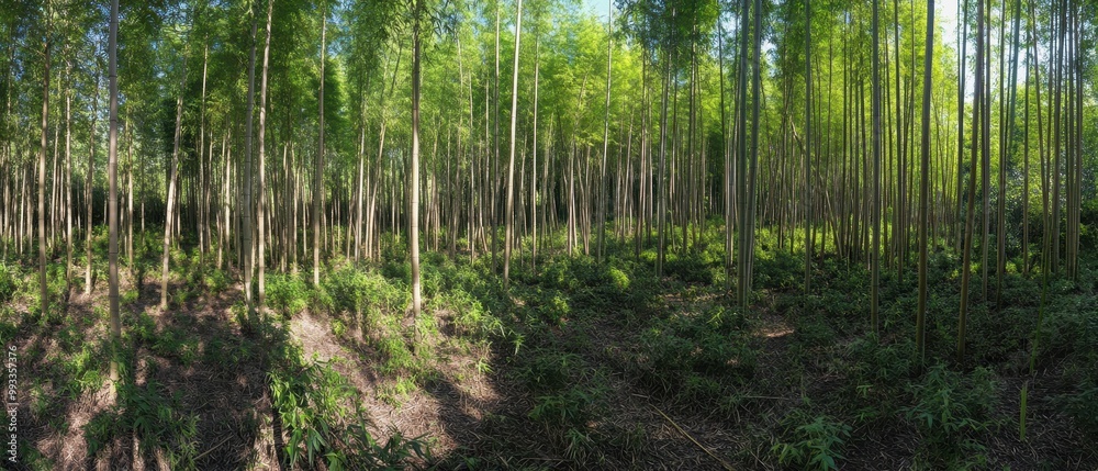 A serene forest panorama, showcasing tall trees and vibrant greenery, creating a peaceful natural environment. A serene forest panorama, showcasing tall trees and vibrant greenery, creating a peaceful natural environment.