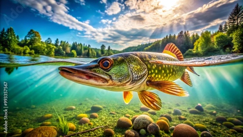 Lush freshwater scene featuring a striking pike swimming gracefully in clear waters of a lake