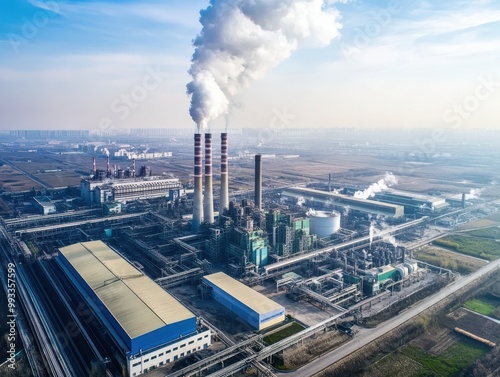 Aerial view of a large industrial facility with smoke rising from tall chimneys, surrounded by expansive landscapes and clear blue skies.