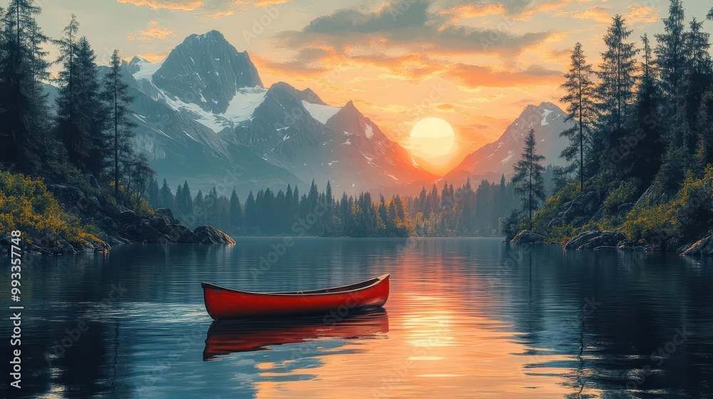 retro flat design poster depicting a canoe gracefully gliding down a serene river framed by majestic mountains and lush forest capturing the essence of outdoor adventure and tranquility retro flat design poster depicting a canoe gracefully gliding down a serene river framed by majestic mountains and lush forest capturing the essence of outdoor adventure and tranquility