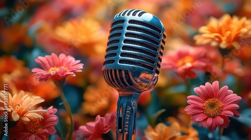 retro microphone adorned with vibrant flowers stands as the centerpiece in a lively musicthemed design suggesting an event for live music or karaoke with a colorful backdrop photo