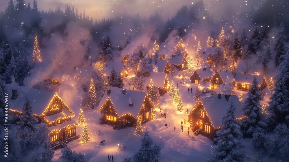 Magical Christmas Village in the Snowy Forest at Night. Magical Christmas Village in the Snowy Forest at Night.