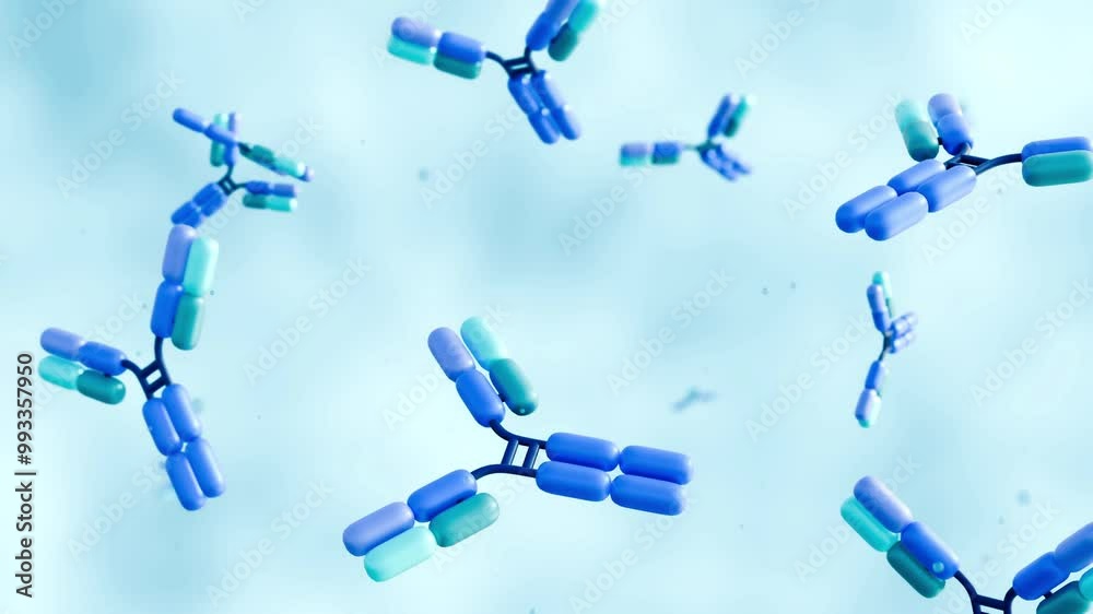 3d animation of scattered antibody molecules in the light blue background