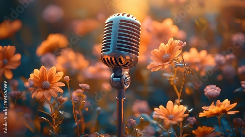 retro microphone adorned with vibrant flowers stands as the centerpiece in a lively musicthemed design suggesting an event for live music or karaoke with a colorful backdrop photo