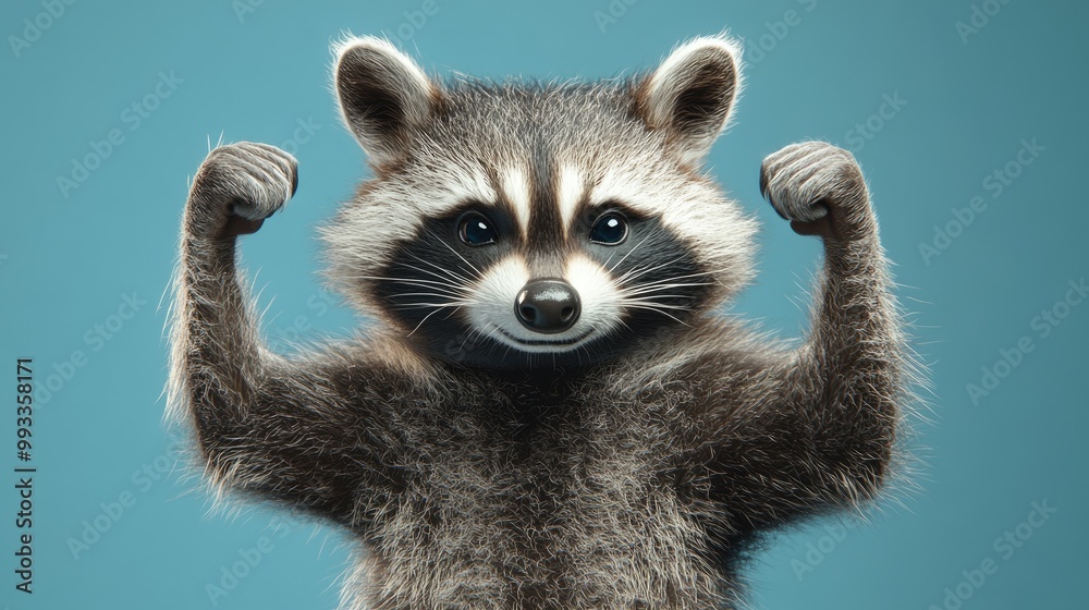 Fototapeta premium Powerful anthropomorphic raccoon flexing its muscles in a studio setting