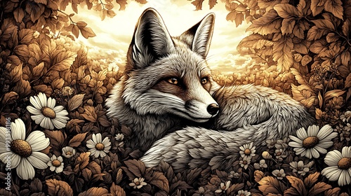 A gentle fox nestled in a bed of colorful wildflowers and leaves, its fur blending with the warm colors of a glowing sunset. The flowers gently sway in the breeze, creating a tranquil, photo