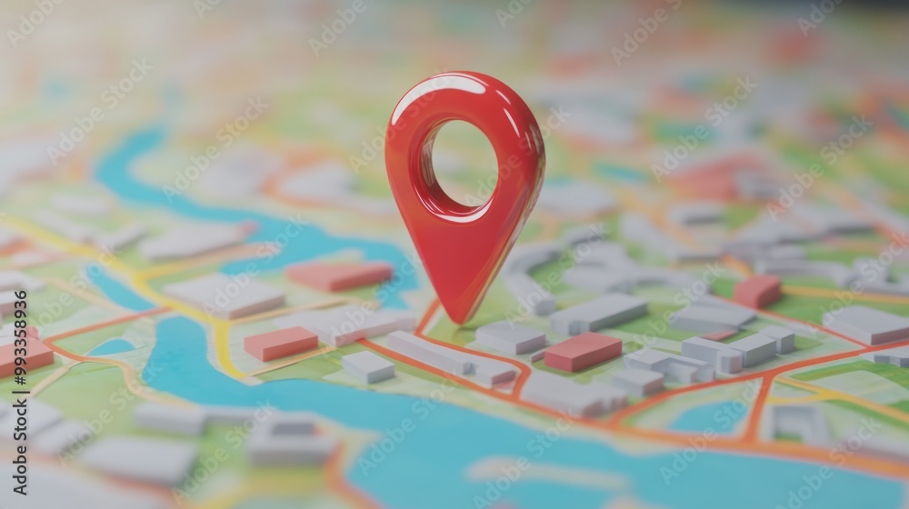 A red location pin sits atop a colorful map. A red location pin sits atop a colorful map.