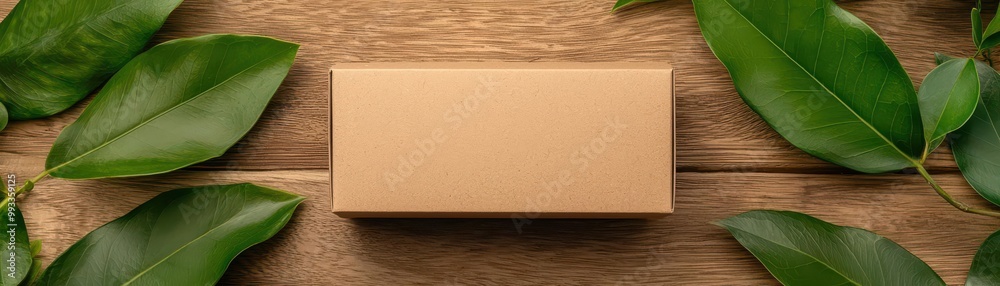 Minimalistic brown box surrounded by green leaves on a rustic wooden surface, perfect for packaging or branding concepts. Minimalistic brown box surrounded by green leaves on a rustic wooden surface, perfect for packaging or branding concepts.