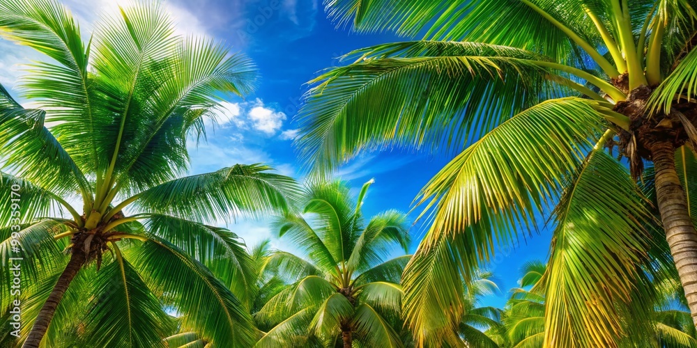 Lush Green Coconut Palm Tree Leaves Against a Bright Blue Sky in a Tropical Paradise Setting Lush Green Coconut Palm Tree Leaves Against a Bright Blue Sky in a Tropical Paradise Setting