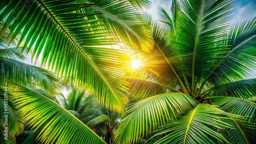Lush Green Coconut Leaves in a Tropical Setting with Sunlight Filtering Through the Foliage