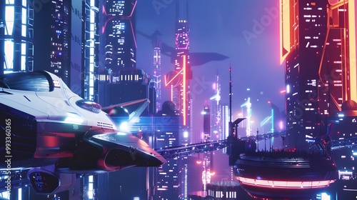 Futuristic Skyline with a Spaceship Docking at a High-Tech Space Station, Glowing Towers in the Background photo