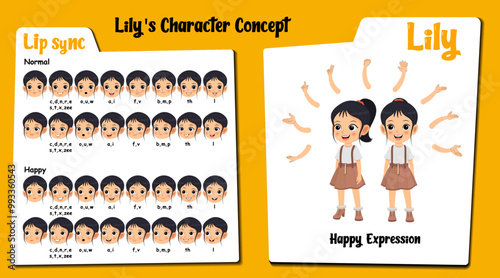 A cute happy girl cartoon character AKA Lily, Little cute girl cartoon character. Happy face expressions and lip sync. Set of cute girl with various hand gesture and front and 1/3 standing pose.