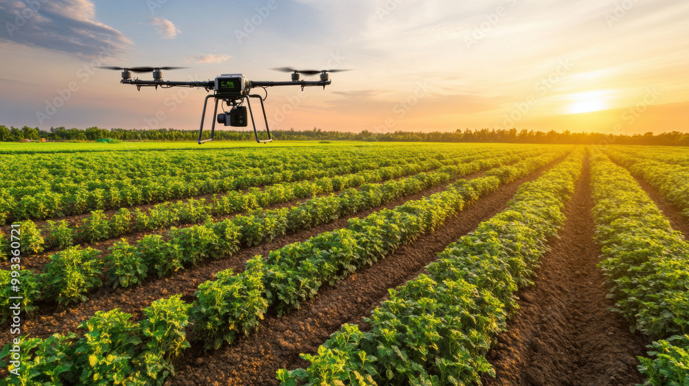image showcases drone flying over lush green field at sunset, highlighting integration of technology in agriculture. This scene reflects innovative use of IoT devices in smart farming practices image showcases drone flying over lush green field at sunset, highlighting integration of technology in agriculture. This scene reflects innovative use of IoT devices in smart farming practices