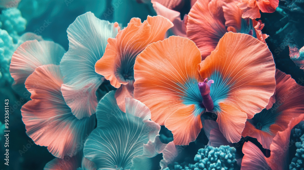 Vibrant teal and coral flowers create stunning visual display, showcasing intricate textures and colors that evoke sense of freshness and beauty