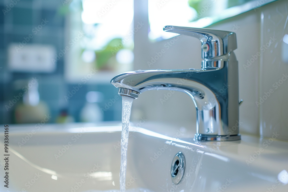 Open faucet releasing water into bathroom sink promoting awareness of personal hygiene, handwashing, and cleanliness for self-care Open faucet releasing water into bathroom sink promoting awareness of personal hygiene, handwashing, and cleanliness for self-care