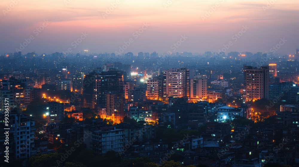 Obraz premium stunning cityscape at dusk, showcasing vibrant urban skyline filled with modern buildings and glowing lights. atmosphere is serene yet bustling, capturing essence of city life