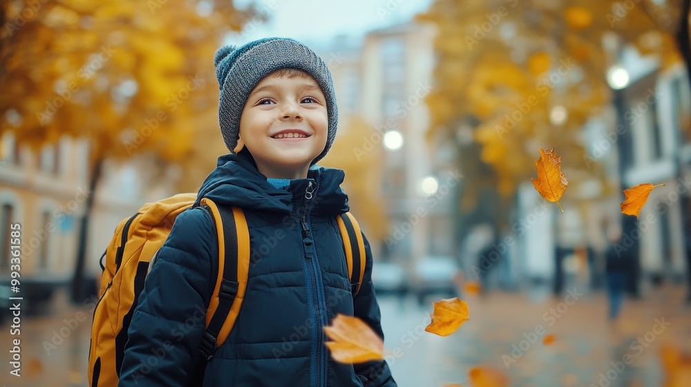 Happy young boy with a backpack and hat looks up at the falling leaves.