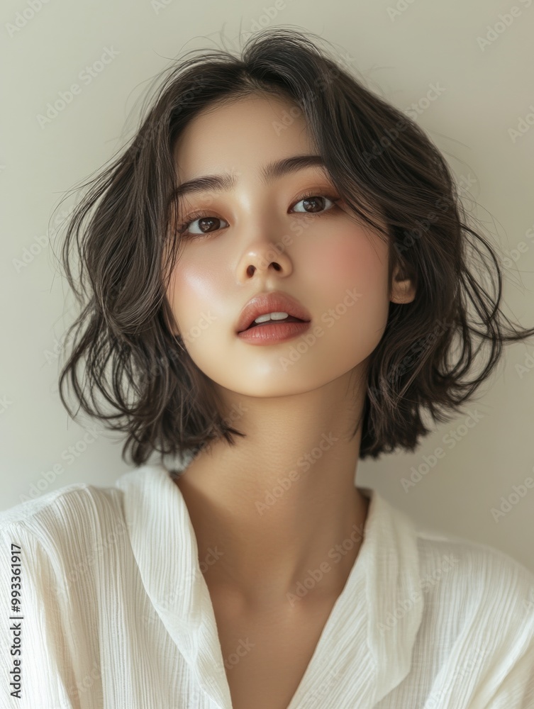 A clean, minimal skincare photoshoot featuring a youthful Southeast Asian woman with short, dark hair A clean, minimal skincare photoshoot featuring a youthful Southeast Asian woman with short, dark hair