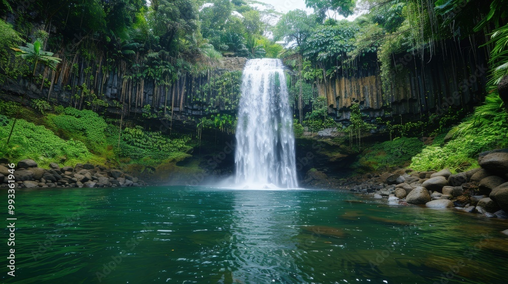 Obraz premium Majestic waterfall in a tropical rainforest cascading into a clear pool, surrounded by lush greenery.