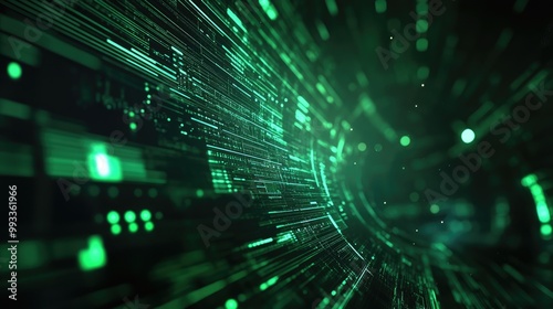 3D abstract background featuring green tech layers against a dark backdrop enhanced with glowing circular line details Contemporary graphic design elements included