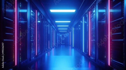 Futuristic Server Room with Neon Lights - Abstract Data Center Technology Background.