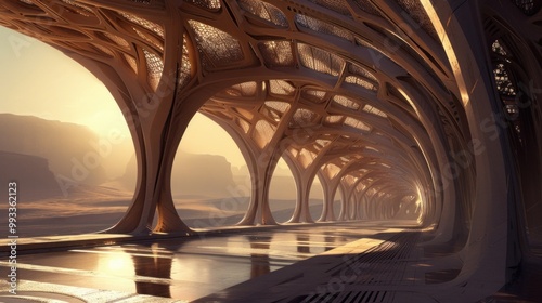 A bridge connects two sides over serene water in a stunning structure