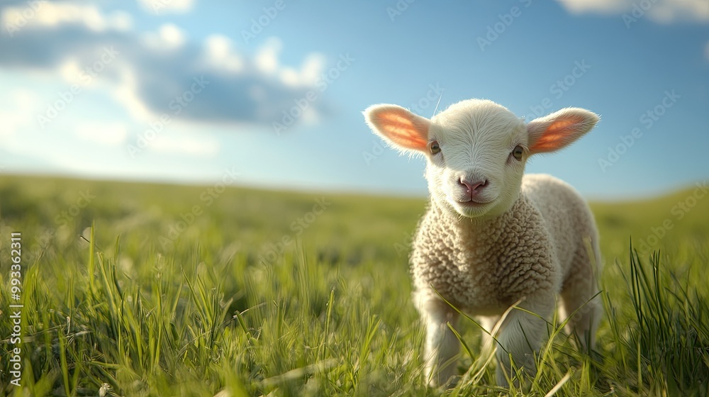 Close-up of a baby lamb grazing in a meadow, with room for copy in the field and sky Close-up of a baby lamb grazing in a meadow, with room for copy in the field and sky