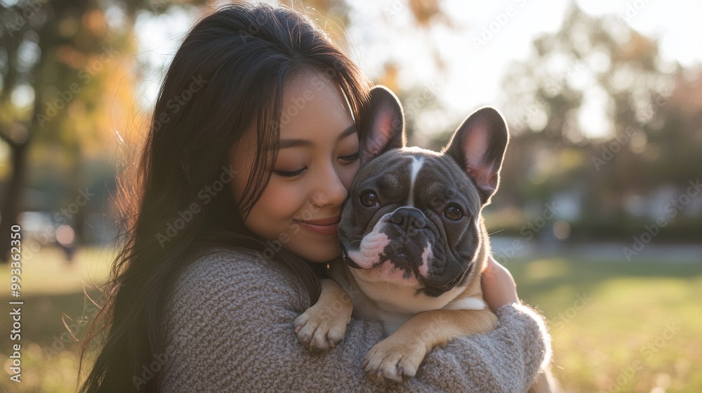 Asian woman hugging french bulldog in a park, happy vibe, joyful Asian woman hugging french bulldog in a park, happy vibe, joyful