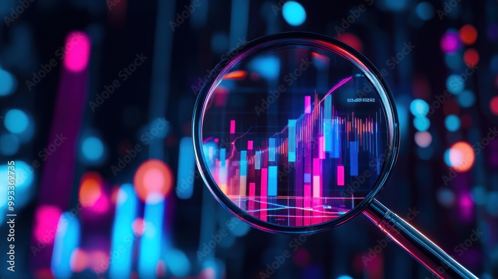 A magnifying glass focuses on a digital stock chart, with a blurred background of glowing neon lights. A magnifying glass focuses on a digital stock chart, with a blurred background of glowing neon lights.