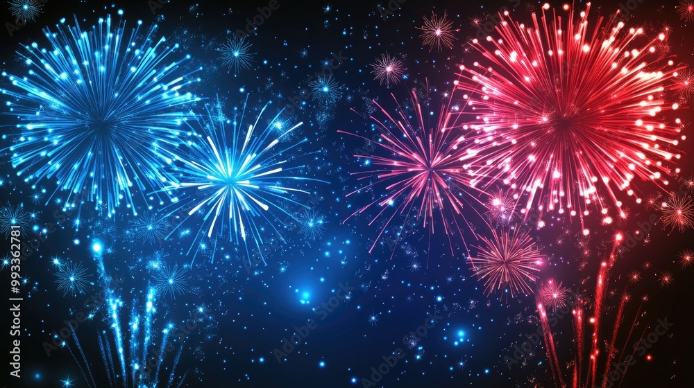 Independence Day festive background banner featuring blue red and white fireworks illuminating the night sky perfect for celebration and greeting cards Independence Day festive background banner featuring blue red and white fireworks illuminating the night sky perfect for celebration and greeting cards