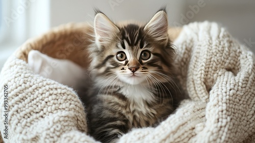 Close-up of a fluffy kitten sitting in a basket, surrounded by soft blankets, with space for text in the background