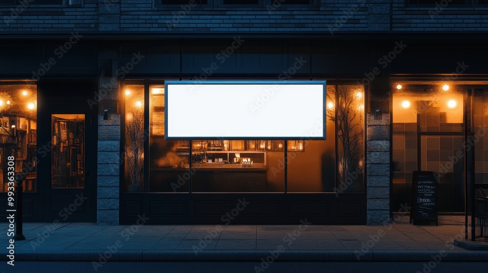 Blank Signboard on Brick Building Facade with Warm Lighting at Night - Mockup for Business, Restaurant, or Bar. Blank Signboard on Brick Building Facade with Warm Lighting at Night - Mockup for Business, Restaurant, or Bar.