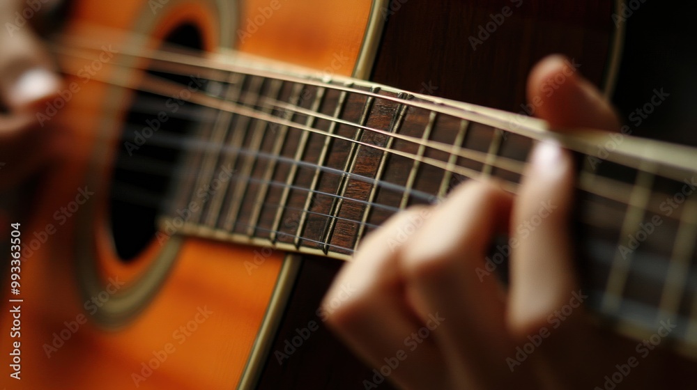 Close-up of a hand playing an acoustic guitar. Close-up of a hand playing an acoustic guitar.