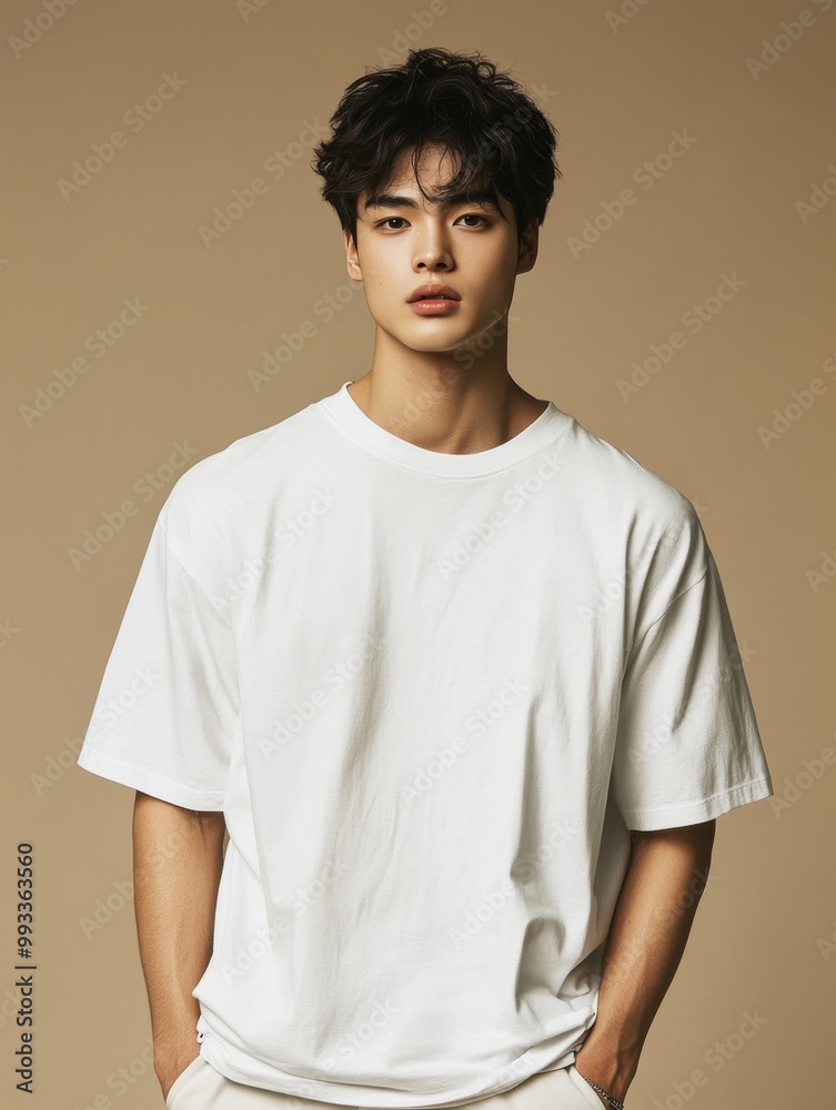 An Asian American man is wearing a white oversized T-shirt for a mockup, beige background An Asian American man is wearing a white oversized T-shirt for a mockup, beige background