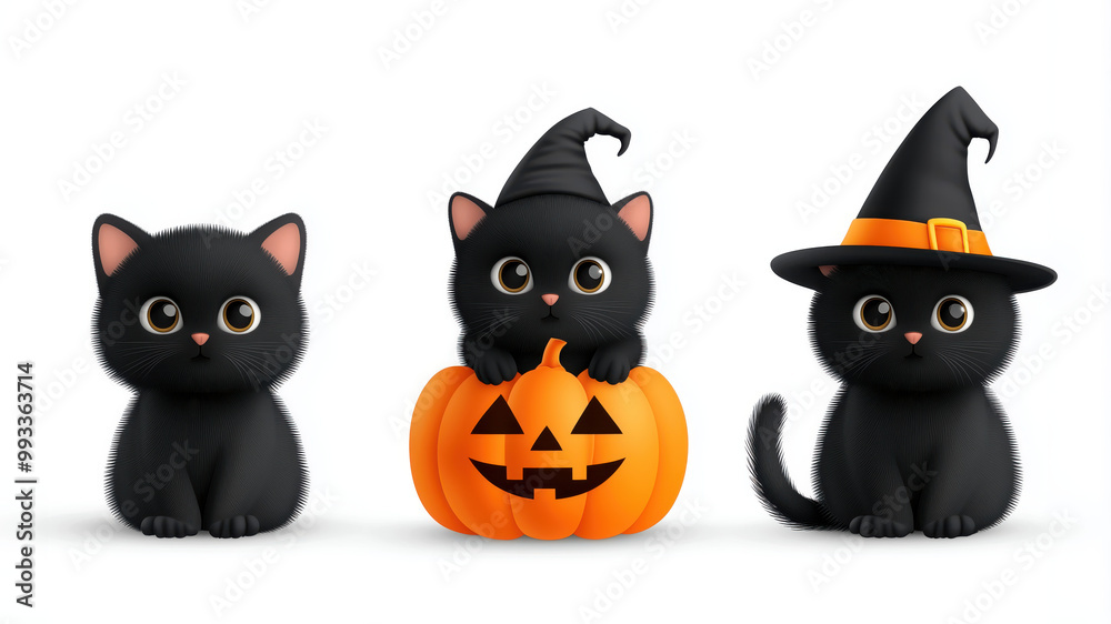 A 3 black cat in a witch hat with a carved Jack 'o' Lantern pumpkin isolated on a white background. Cute Halloween concept, character, or symbol. 