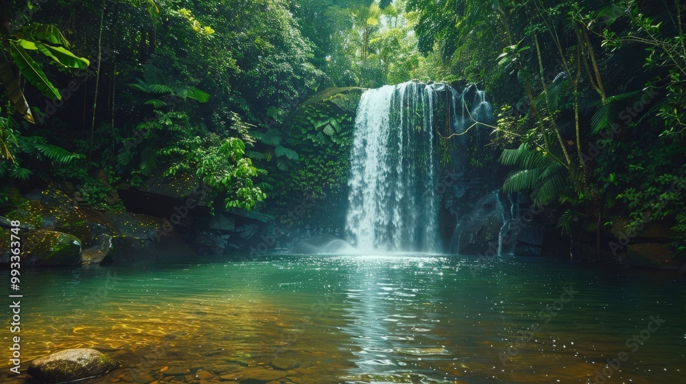 In a tropical rainforest, a majestic waterfall tumbles into a clear pool, surrounded by vibrant and lush greenery. In a tropical rainforest, a majestic waterfall tumbles into a clear pool, surrounded by vibrant and lush greenery.