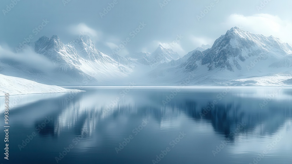 custom made wallpaper toronto digitalserene winter landscape featuring snowcapped mountains and a tranquil frozen lake bathed in soft diffused light evoking feelings of peace and solitude