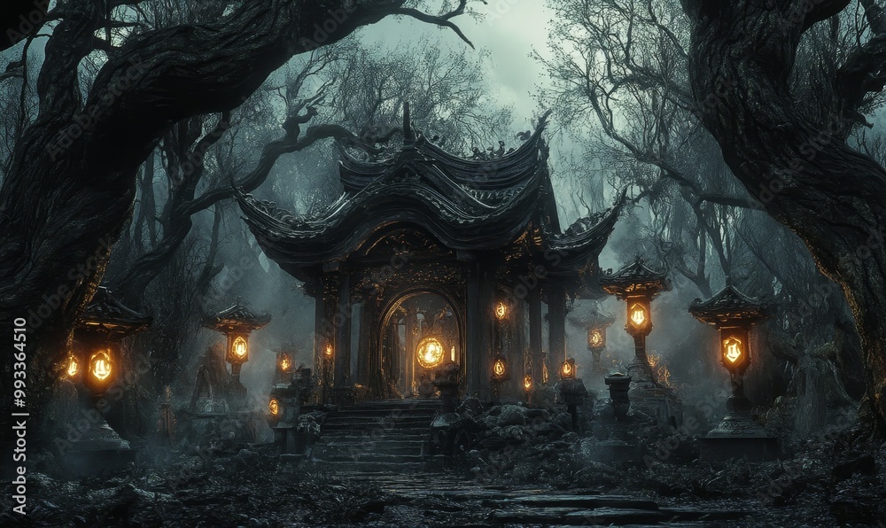 Fototapeta premium Dark temple with glowing lanterns in a forest.